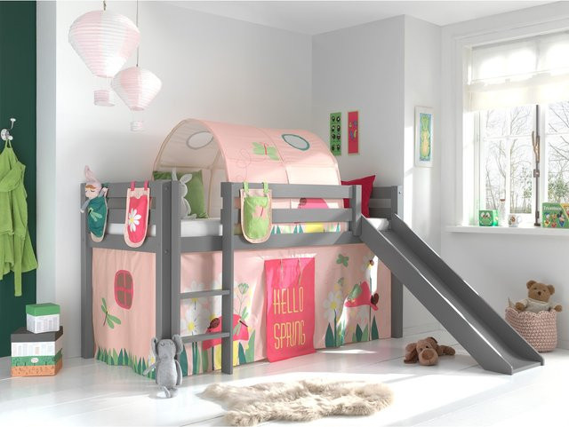 Spielbett Pino aus massivem Kiefer mit Rutsche und Textilset in Grau - Bild 1