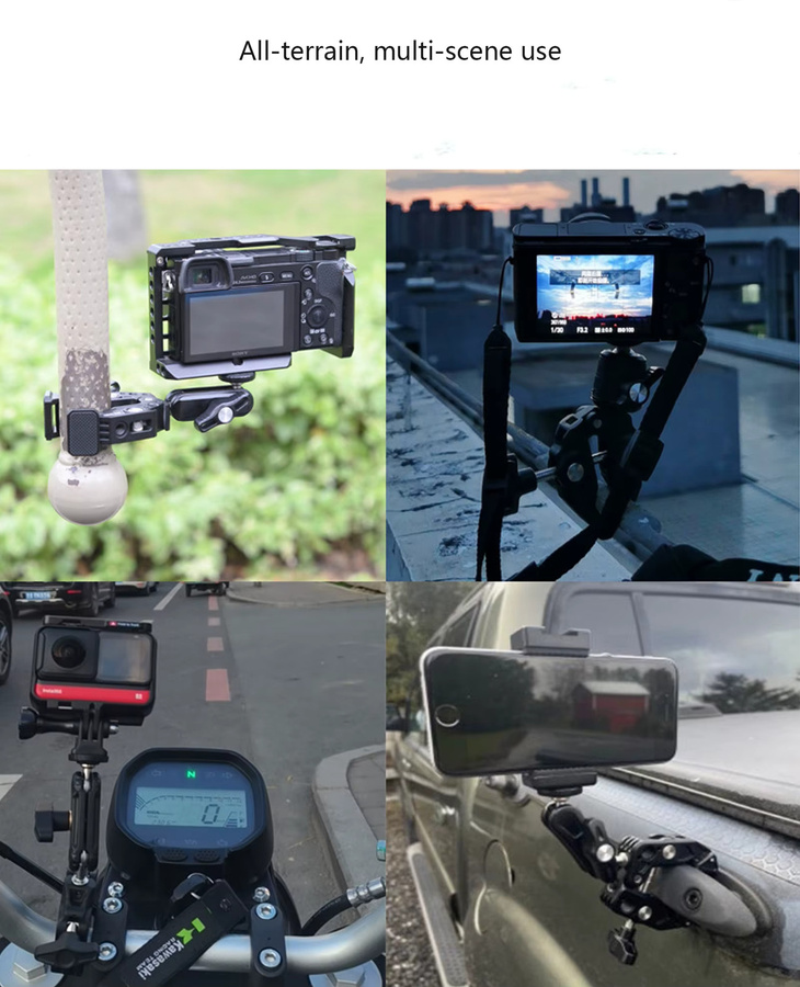 Probty Super-Klemme mit Dual-Kugelkopf-Magic-Arm und Cold Shoe in Schwarz für Smartphone und Action-Kameras wie GoPro oder DJI mit 1/4" und 3/8" Gewinde - Bild 3
