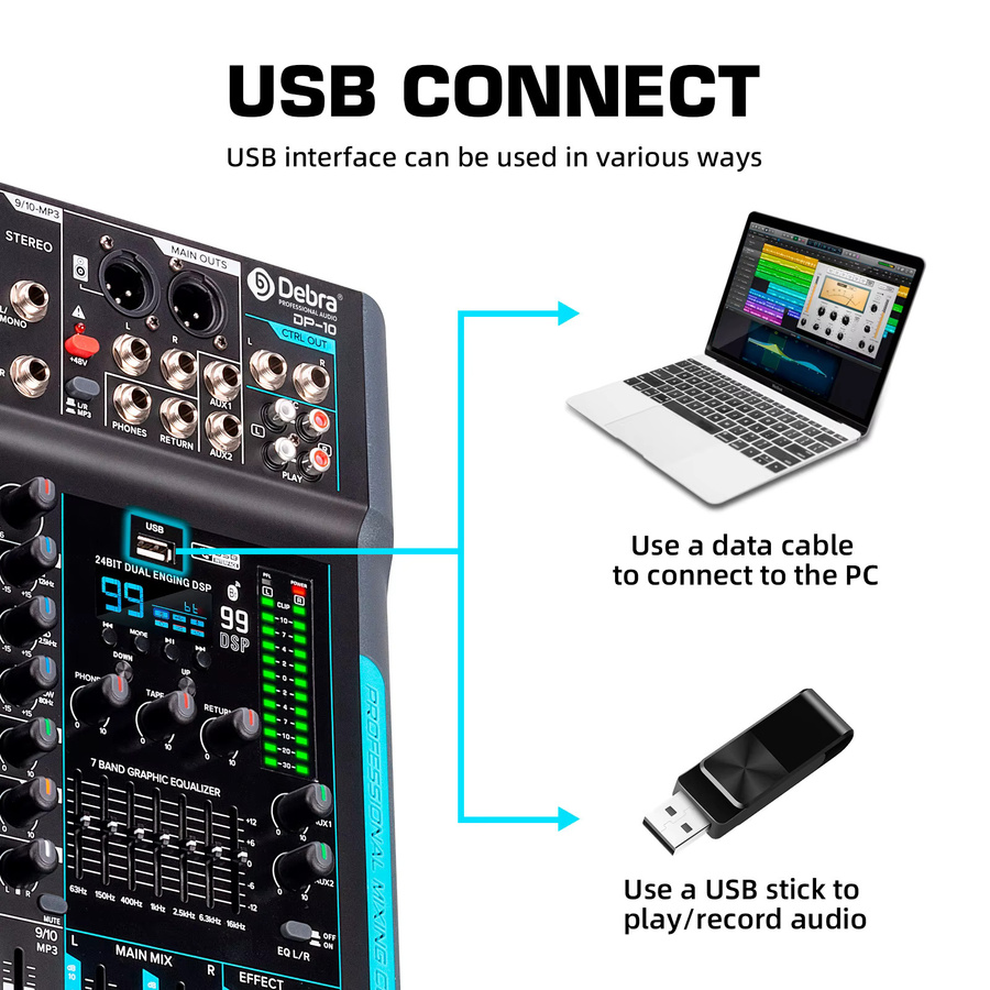 Debra DJ Controller 10 Kanäle 99 DSP Audio Mixer mit Bluetooth 5.0 und Reverb in Schwarz - Bild 4