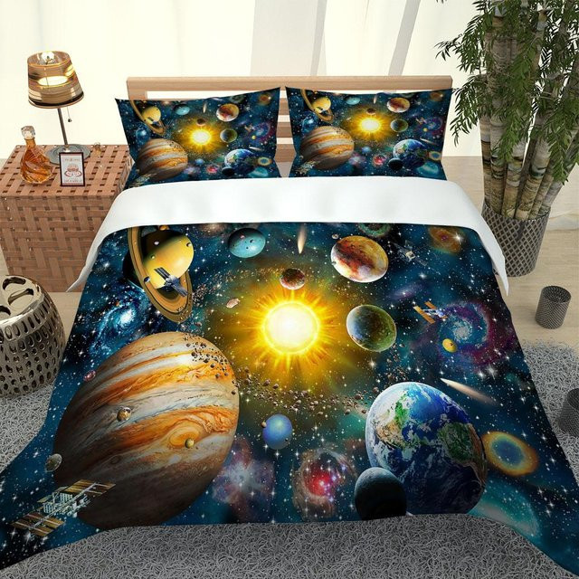 3D Bettwäsche-Set Sonnensystem Planeten für Kinder in Schwarz und Multicolour, 1 Bettbezug und 2 Kissenbezüge, B/H: 90 x 190 cm - Bild 1