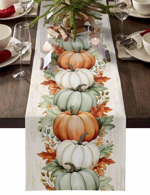 JMG Household Supplies Tischläufer aus Leinen mit Herbstkürbissen und Ahornblättern, Farbe: Weiß/Mehrfarbig, B/H: 33 x 150 cm - Bild 1