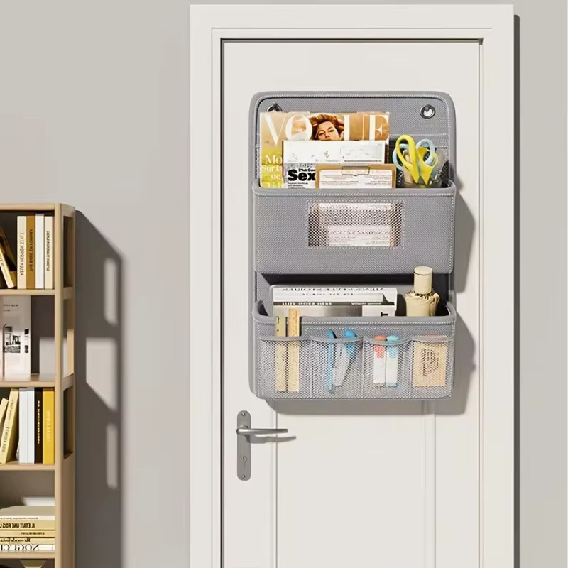 Multifunktionaler grauer wandmontierter Aufbewahrungsorganisator aus Kunststoff mit Taschen, Sichtfenstern und Haken für Büro und Schrank - Bild 1