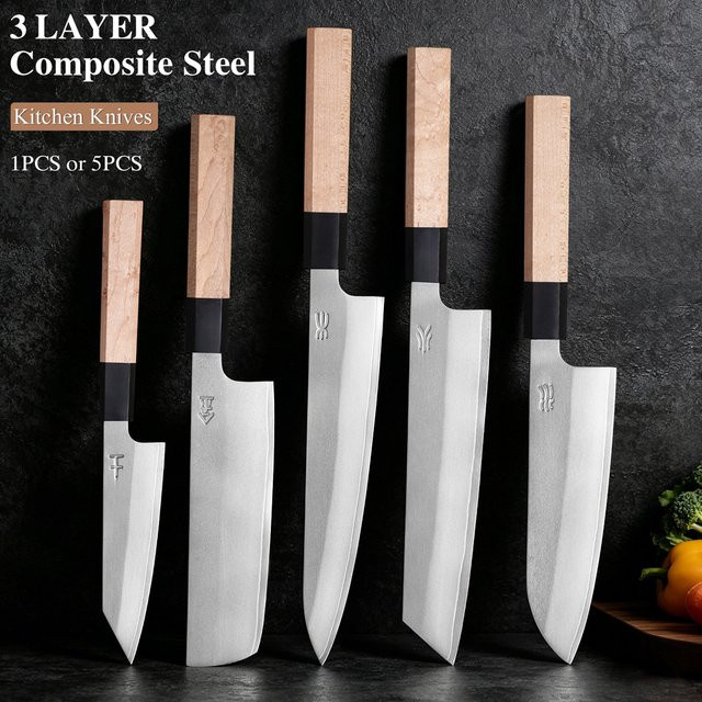 TURWHO Japanisches Küchenmesser-Set aus 3-Schicht-Verbundstahl in Silber mit Nakiri, Santoku und Allzweck-Kochmesser - Bild 1