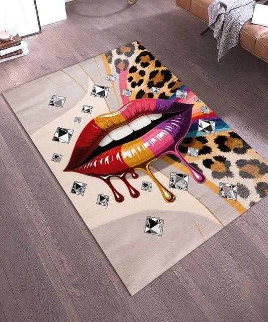 Lodestar Teppich Leopardenmuster und rote Lippen in Rot/Multicolor, B/L: 60 x 40 cm - Bild 1
