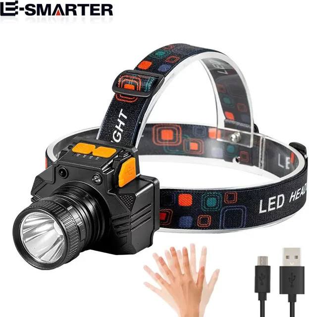 ESMARTER LED Stirnlampe mit Bewegungssensor, USB aufladbare wasserdichte Kopfleuchte in Schwarz für Camping, Angeln und Sport - Bild 1
