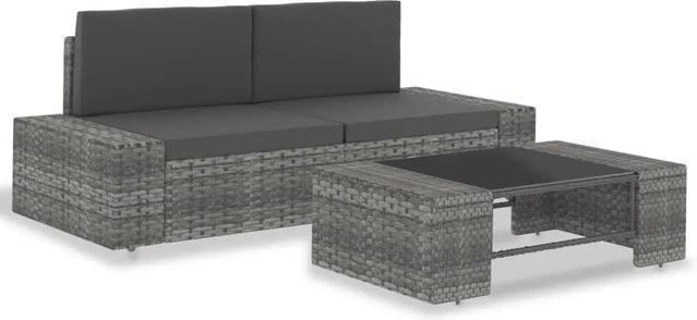 vidaXL 3-tlg Garten-Lounge-Set aus Poly-Rattan in Grau mit Polsterung und Couchtisch - Bild 1