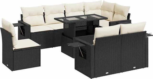 vidaXL 9-tlg Garten-Sofagarnitur in L-Form aus Poly-Rattan mit Kissen in Schwarz-Creme - Bild 1