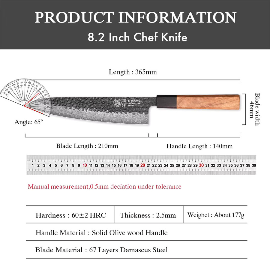 F.YOUNG Japanisches Sashimi-Messer aus 67-lagigem Damaszener Stahl, 20,8 cm, Silber - Bild 6