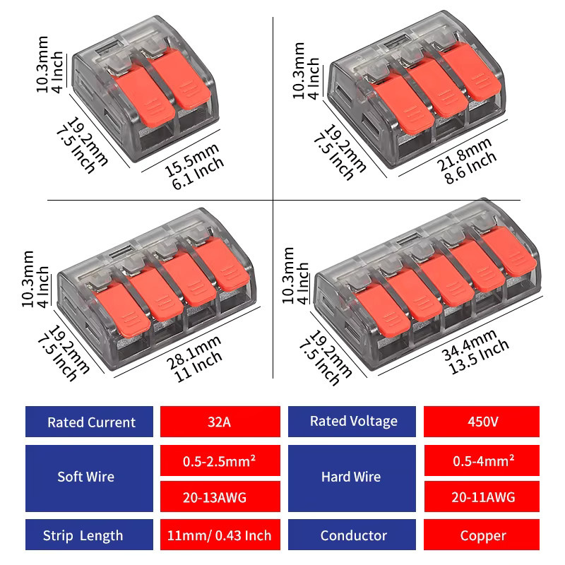 JINH Schnellhebel-Drahtspleißverbinder Klemmenblock Set, 10 Stück, transparent, 0,08–4 mm², 32 A, für 2–5 Anschlüsse - Bild 2