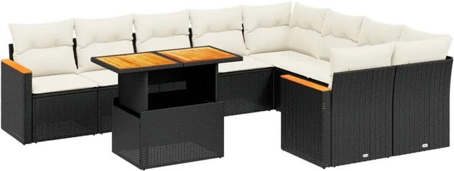 vidaXL 10-tlg. Garten-Sofagarnitur in L-Form aus Poly-Rattan und Akazienholz mit Kissen, Schwarz - Bild 1