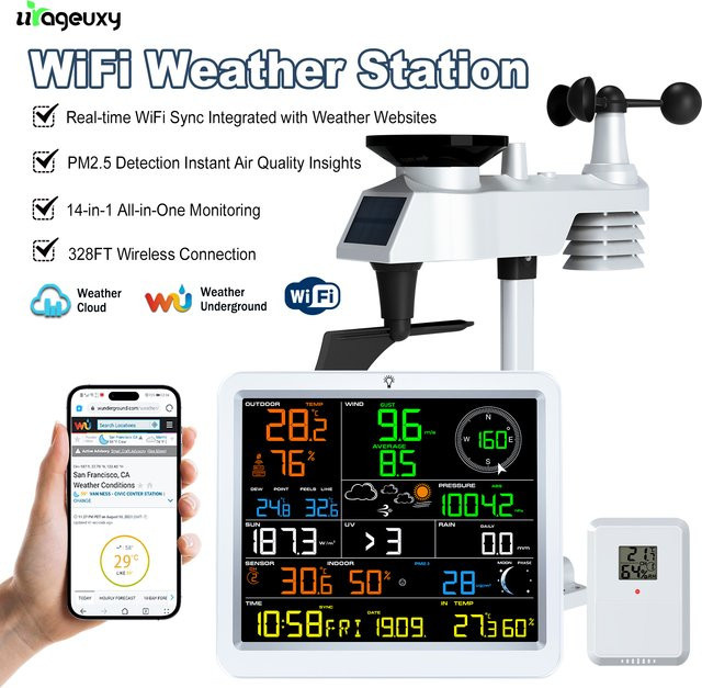 Urageuxy 14-in-1 WiFi Funkwetterstation in Weiß mit Innen- und Außenthermometer, Hygrometer, Solarenergie, Windgeschwindigkeit sowie PM2,5- und UV-Sensor - Bild 1