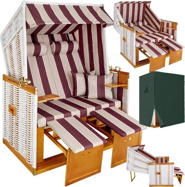tectake Strandkorb gepolstert in Rot Weiß mit ausziehbaren Fußbänkchen und Seitentischen B/T/H: 115 x 158 x 78 cm - Bild 1