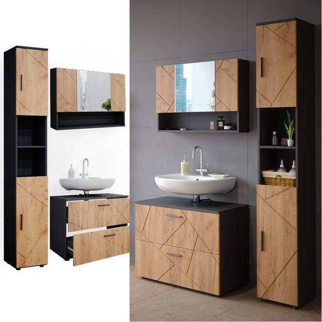 Vicco Badmöbelset Irma in Anthrazit und Eiche, modernes 3-teiliges Badezimmer-Set mit Spiegelschrank und Waschtischunterschrank - Bild 1