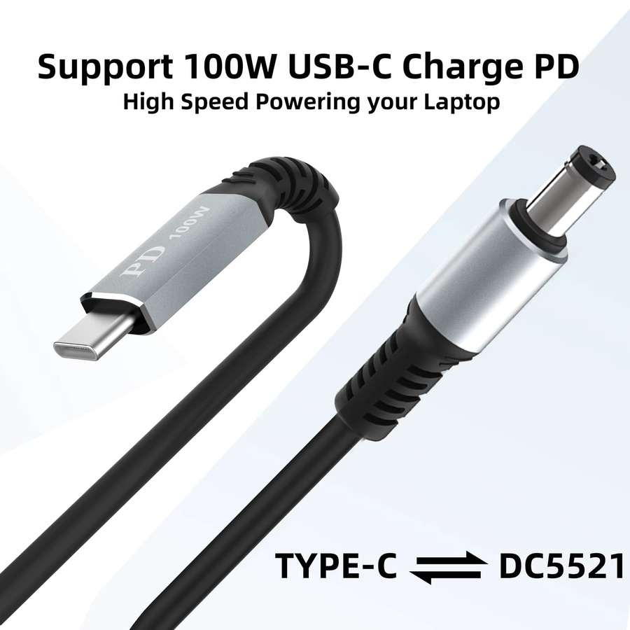 USB C auf DC 5,5 x 2,1 mm Netzladekabel für Laptop, 20 V, bis zu 100 W, Schwarz - Bild 4