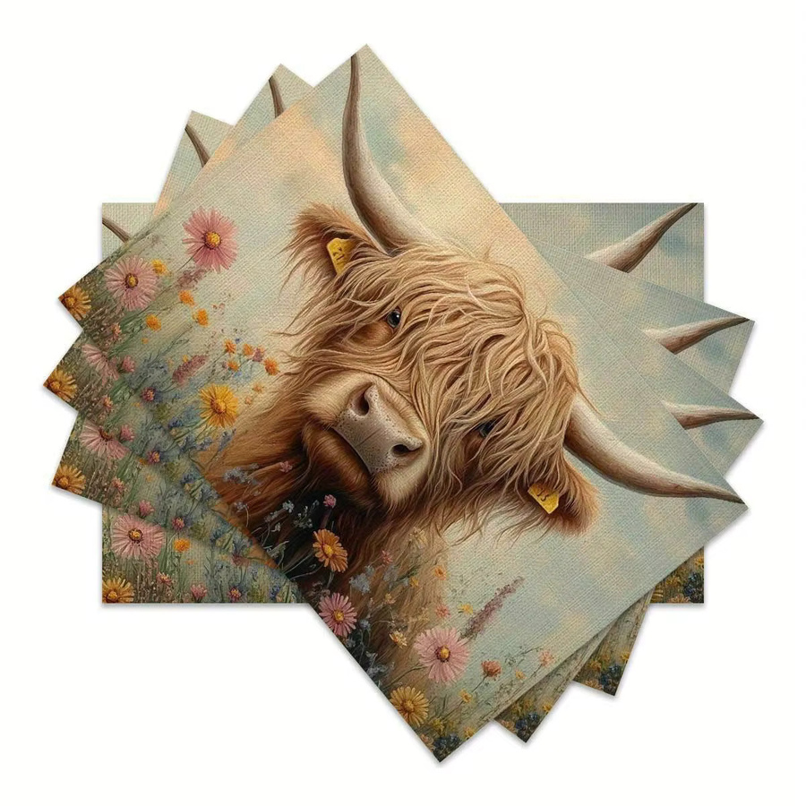 VIKAMA 4-teiliges Tischset aus Leinen mit Blumenmuster im Highland-Stil, Mehrfarbig - Bild 3