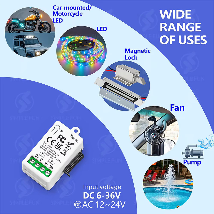 SLMPLEFUN Drahtlose Fernbedienung und 433 MHz Relais Empfänger für LED, Pumpen, Ventilatoren und Magnetverriegelungen, Reichweite 500 m, Farbe Weiß - Bild 2