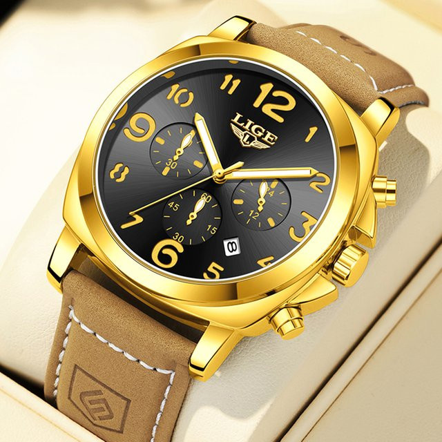 LIGE Armbanduhr, Gold, Leder, Quarz, Chronograph, Herren - Bild 1