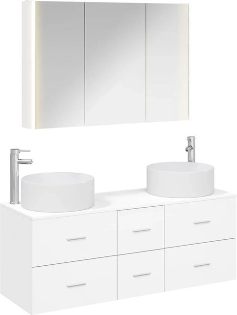 vidaXL Badezimmermöbel-Set 4-teilig in Weiß, modern mit Waschtischunterschrank, Spiegelschrank und Wandunterschrank aus Holz und Glas mit LED-Beleuchtung - Bild 1