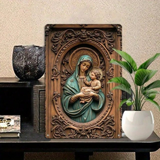 CIFBUY Religiöses Aluminium-Wandkunstset Jesus Mary geprägtes Metallblechschild wetterbeständig und rechteckig - Bild 1