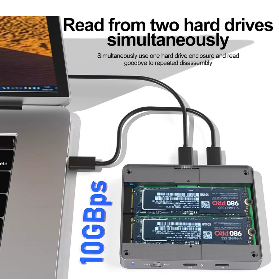 Kebidu Dual-Bay M.2 NVMe SSD-Gehäuse mit USB-C, 10Gbps USB 3.2 Gen2 Dockingstation für NVMe SSD Größe 2280, Grau - Bild 2