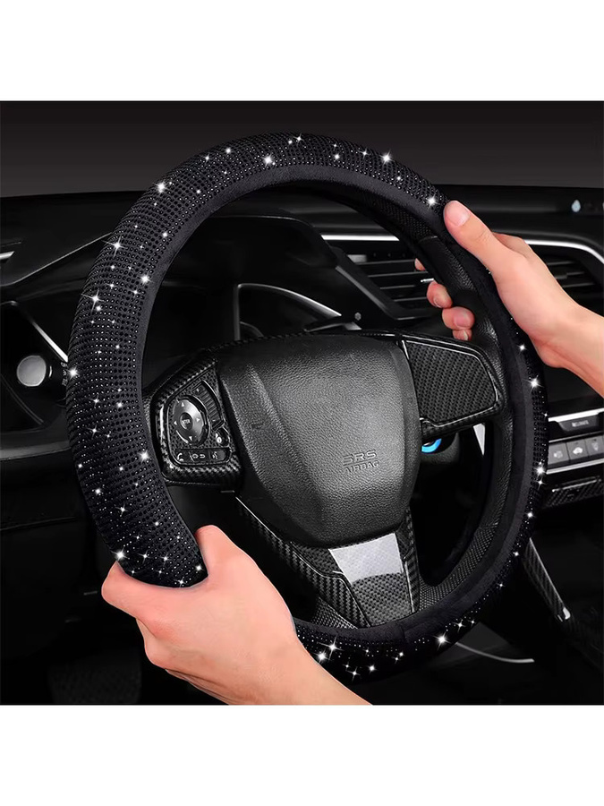 Universeller Lenkradbezug mit schwarzen Kristallrhinestones, atmungsaktiv und rutschfest, passend für 14,2-15 Zoll, Farbe: Schwarz - Bild 4