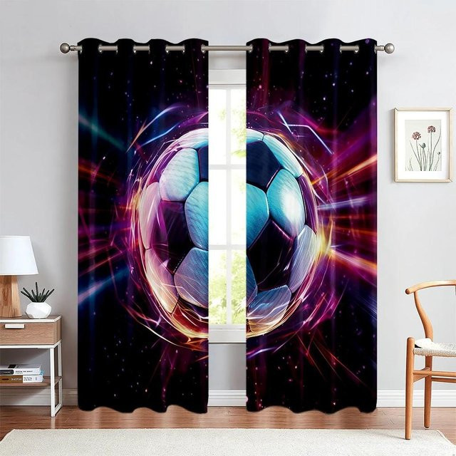 Yiran Furniture Vorhänge mit Fußball-Print in Aquarelloptik, 2er-Set, halbtransparent, Mehrfarbig, Breite: 75 cm, Höhe: 166 cm - Bild 1