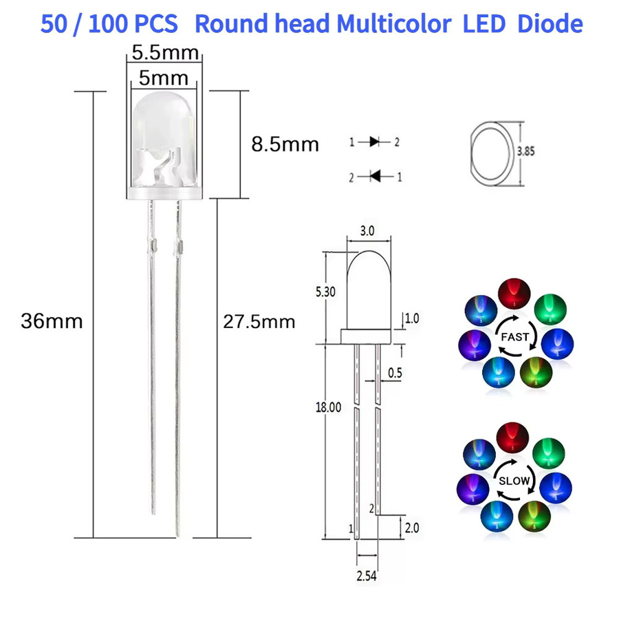 Bunte transparente LED-Dioden Set mit 3 mm und 5 mm Durchmesser in F3 und F5 DIP Ausführung für blinkende Lichteffekte - Bild 3