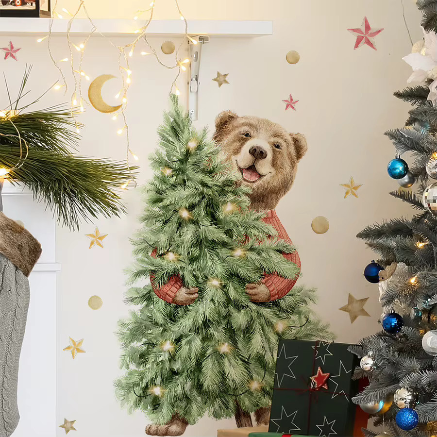 BRUP Wandtattoo mit lächelndem braunem Bären und Weihnachtsbaum als dekorativer Wandaufkleber für dein Zuhause - Bild 2