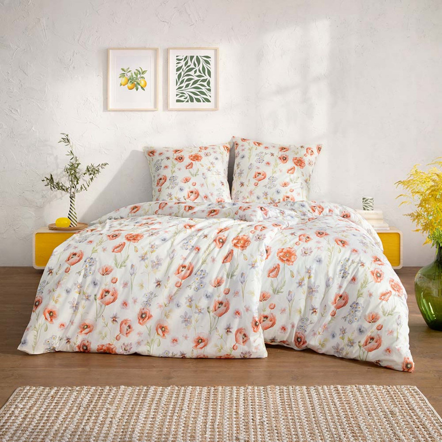 Estella Mako Jersey Bettwäsche Elysia Mohnblumen Blumenwiese, Farbe: Mehrfarbig/Weiß, B/H: 135 x 200 cm, Kissenbezug: 80 x 80 cm - Bild 1
