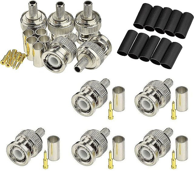 10 Stück FRHY BNC-Stecker 50 Ohm Crimpverbinder für RG58 RG59 RG60 RG142 LMR195 Koaxialkabel in Silber inklusive Schrumpfschläuche - Bild 1