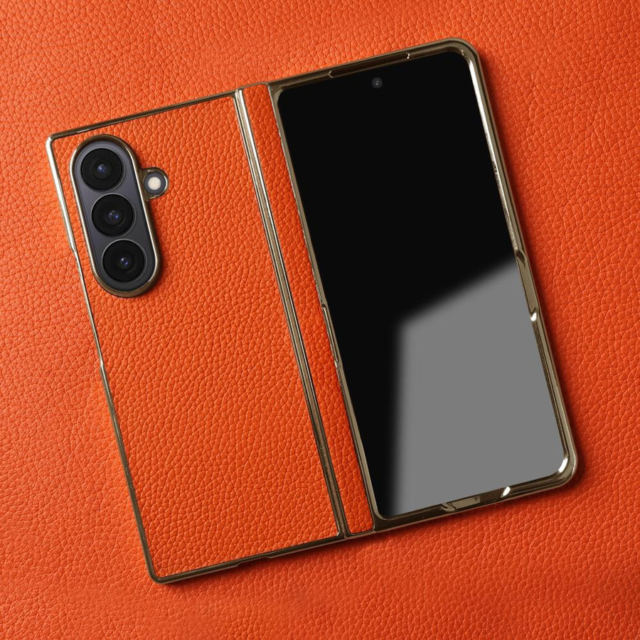 Lychee Echte Lederhülle für Samsung Galaxy Z Fold 7 6 4 3 in Orange - Bild 1