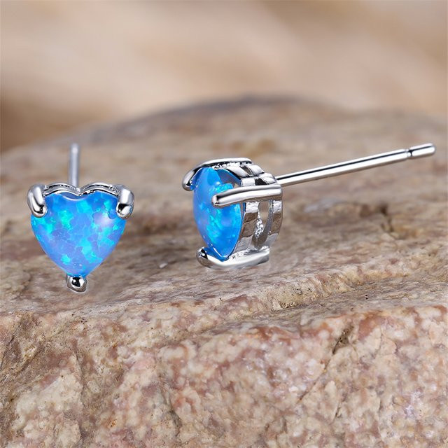 Ohrstecker Herz, Feuer Opal, Blau weiß grün, Silberfarbe, Damen - Bild 1