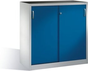C+P Werkzeug-Beistellschrank mit Schiebetüren und 2 Regalböden, Korpus Lichtgrau, Front Enzianblau, H: 120 cm, B: 120 cm, T: 50 cm - Bild 1