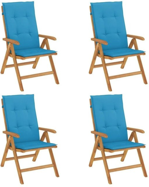 vidaXL Gartenstühle aus Teakholz mit blauen Kissen, 4er Set - Bild 1