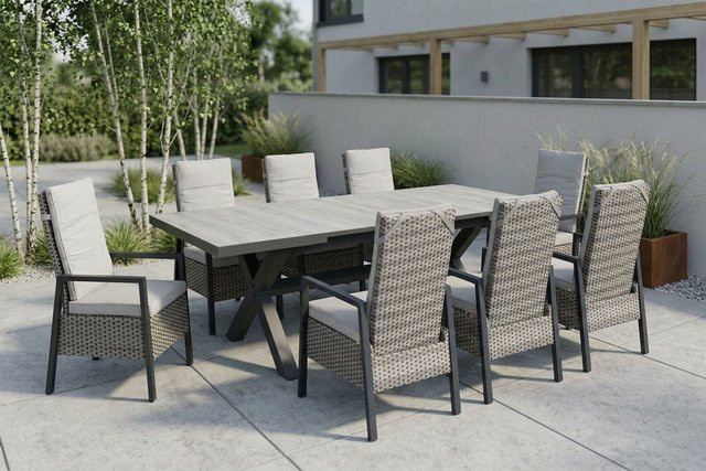 OUTFLEXX Louvra 2 Garten-Essgruppe aus Polyrattan und Aluminium in Natur/Anthrazit mit ausziehbarem Tisch und 8 Sesseln, Tisch B: 200 bis 260 cm, B: 100 cm - Bild 1