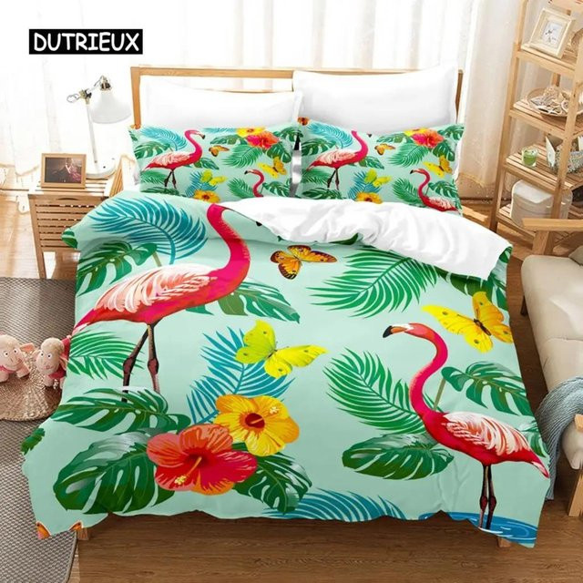 Flamingo Bettwäsche Kollektion mit tropischem Palmenblatt- und Blumenmuster, Queen & King Size, Polyester, Mehrfarbig, B/H: 200 x 200 cm - Bild 1