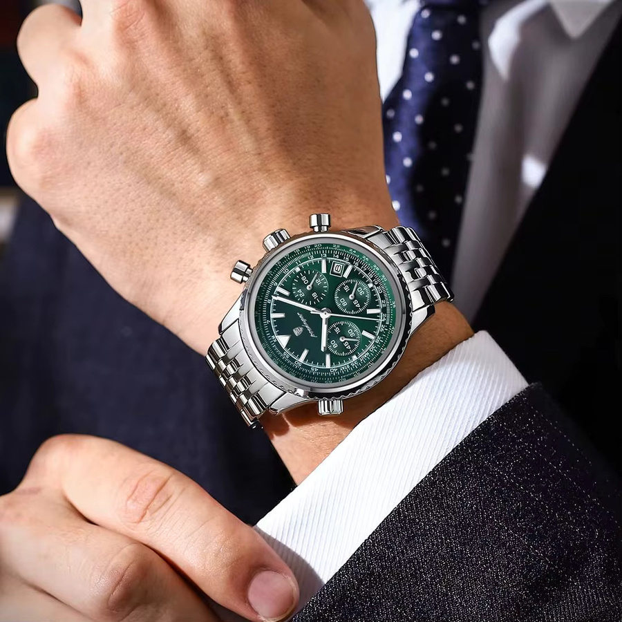 POEDAGAR Armbanduhr, Chronograph, Quarz, Edelstahl, Silber, Herren - Bild 5