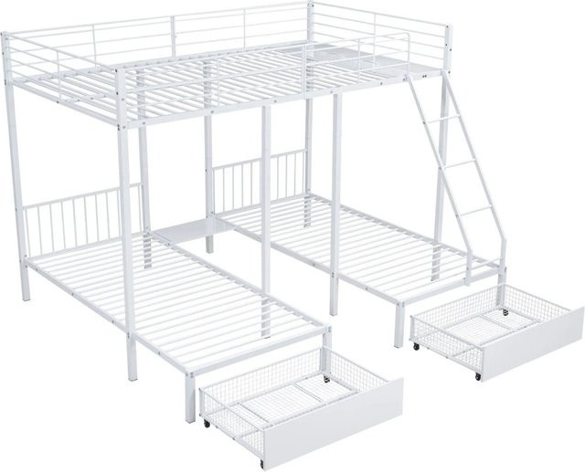 KOMHTOM Dreistöckiges Etagenbett aus Metall mit Schubladen, umwandelbar von einem Doppelbett in zwei Einzelbetten, Farbe Weiß, B/T/H: 206 x 177,8 x 206 cm - Bild 1