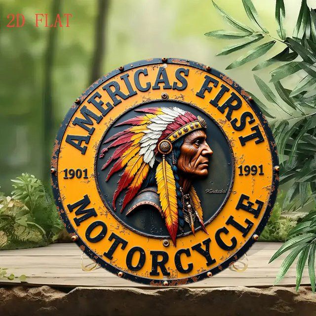 Potdemiel Metallwandkunst Native American Chief mit Motorrad Western-Motiv, rund, Durchmesser: 20,3 cm, Multicolor - Bild 1