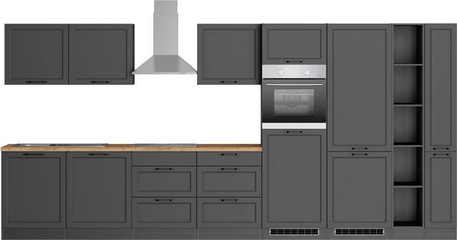 Held Küchen Küchenzeile Kempten in Landhaus Optik mit Einbaugeräten und Induktion, Farbe Grau/Graphit, B/T/H: 420 x 60 x 200 cm - Bild 1