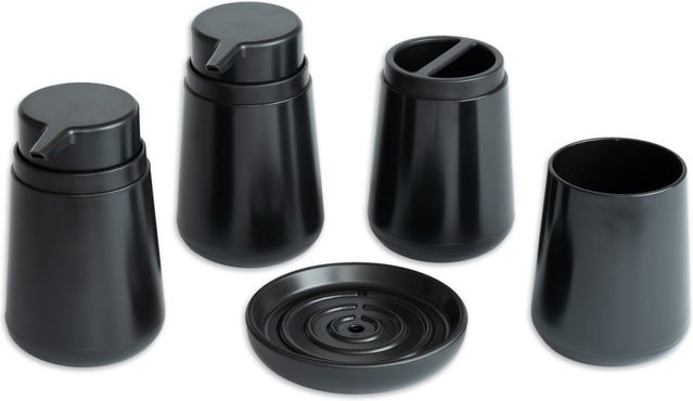 GRANA HOME Badezimmer-Set Schwarz aus Kunststoff mit Seifenspender, Zahnbürstenhalter, Seifenschale und Becher, Durchmesser: 8 cm, Höhe: 13 cm - Bild 1