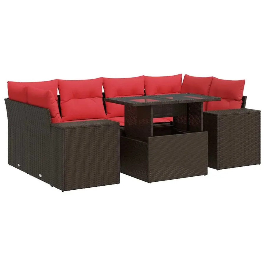 vidaXL 7-teilige Garten-Sofagarnitur in L-Form aus braunem Poly-Rattan mit Polsterkissen und pulverbeschichtetem Stahlgestell - Bild 2