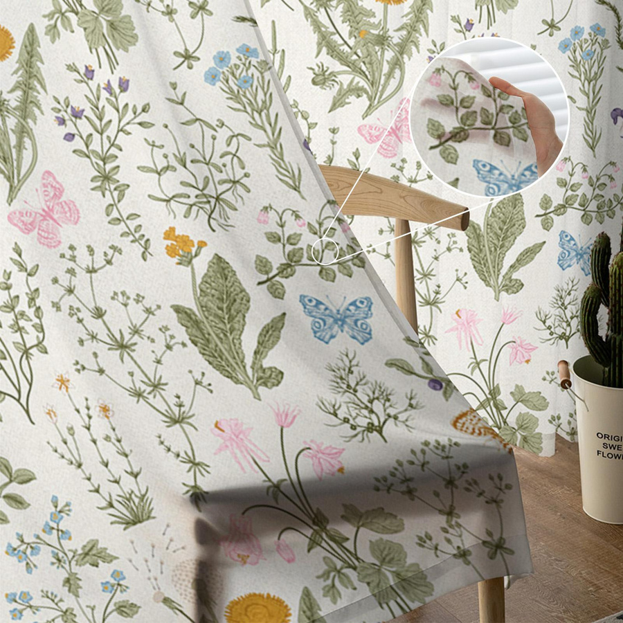 Transparente Tüll Voile Vorhänge mit Kräuterblumen und Schmetterlingen in Multicolour, Breite: 135 cm, Höhe: 115 cm - Bild 2