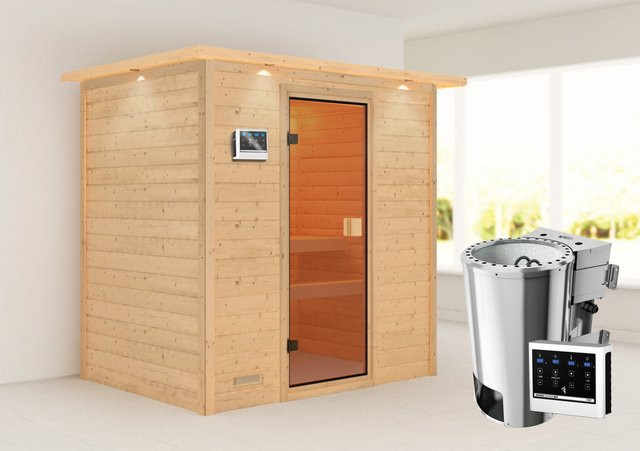 Karibu Massivholzsauna Selena Bio-Kombisauna aus Fichte mit 3,6 kW BioKombiofen und LED-Dachkranz in Natur, B/T/H: 195 x 145 x 187 cm - Bild 1