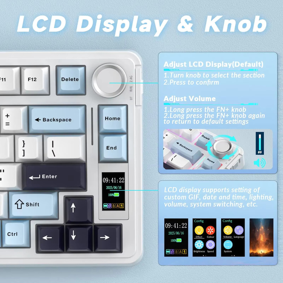 AULA S75 Pro Gaming Mechanische Tastatur in Schwarz mit 75% Layout, Hot-Swap, RGB-Hintergrundbeleuchtung, PBT-Tastenkappen, 4000mAh Akku und LED-Bildschirm-Drehregler - Bild 3