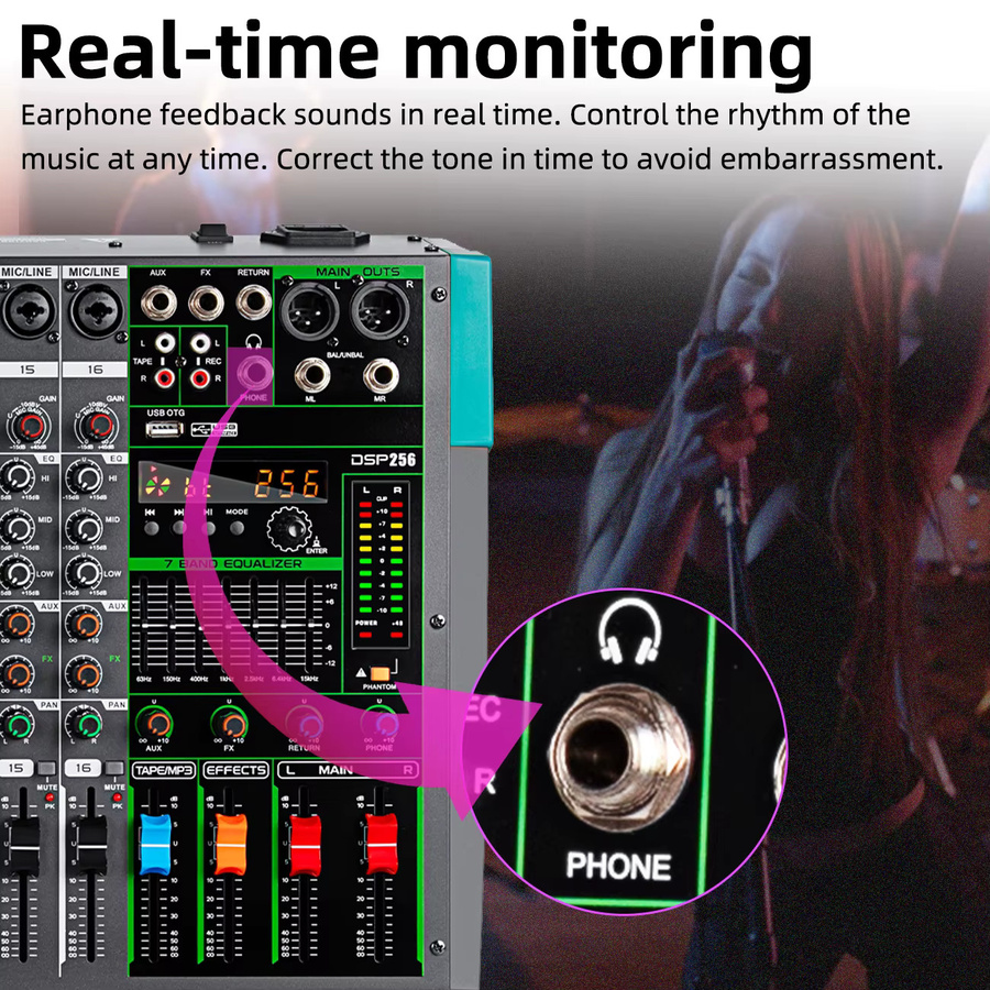 Depusheng Audio-Soundmixer DJ-Konsole mit USB, 48V Phantomspeisung und 256 DSP-Effekten in Schwarz - Bild 4