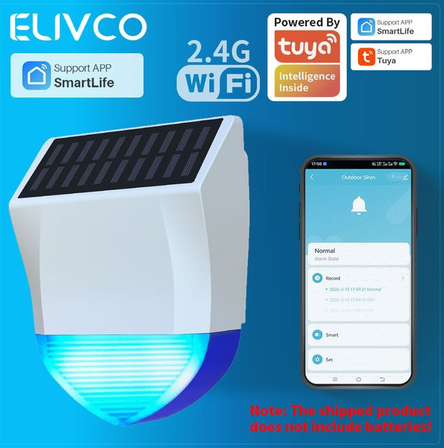 Tuya WiFi Außensirenenalarm in Weiß mit Solar- und USB-Stromversorgung, wasserdicht, 95 dB - Bild 1