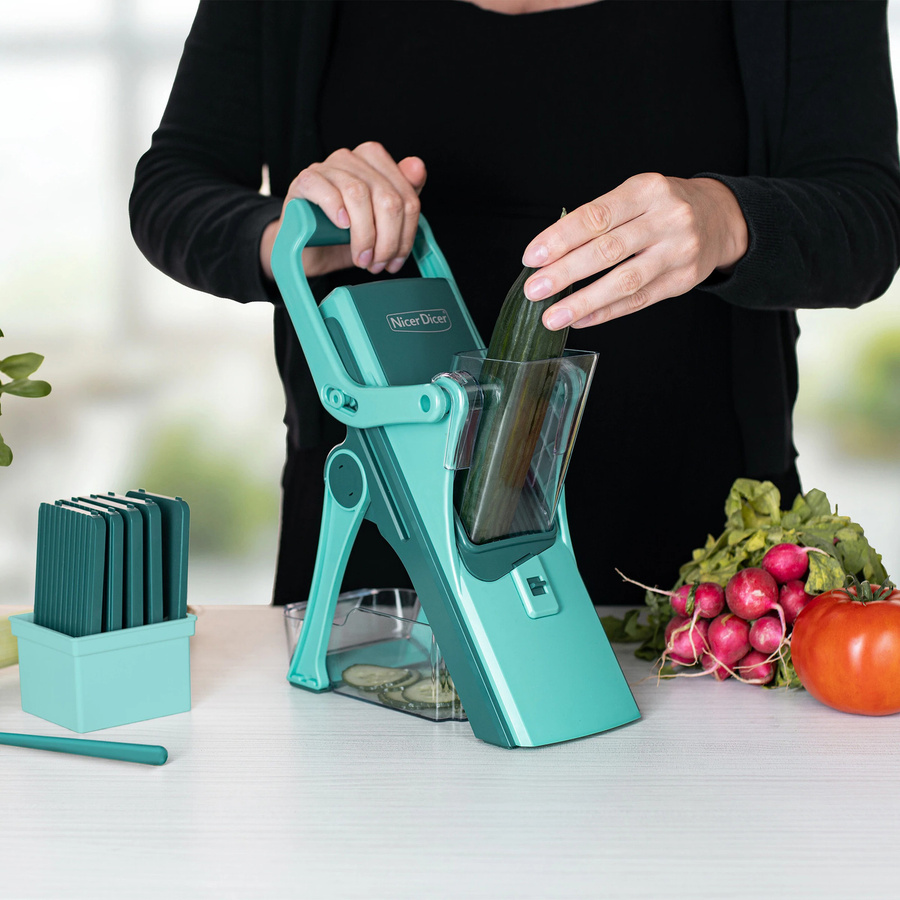 Nicer Dicer Mando Gemüseschneider Mandoline mit mehreren Klingen aus Edelstahl und Kunststoff, 12-teilig, Türkis - Bild 4