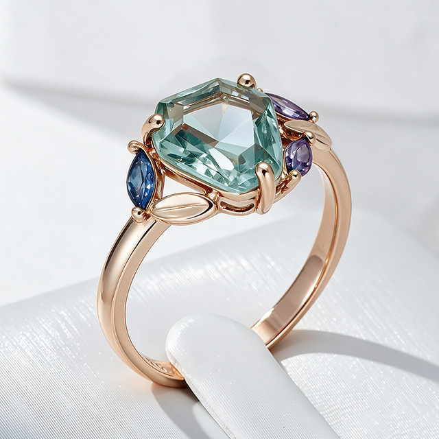Wbmqda Ring, hellgrüner Stein, Blumenform, 585 Roségold, Damen - Bild 1