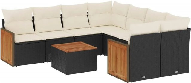 vidaXL 9-teilige Garten-Sofagarnitur in L-Form aus Poly-Rattan und Akazienholz mit Kissen in Schwarz-Creme - Bild 1